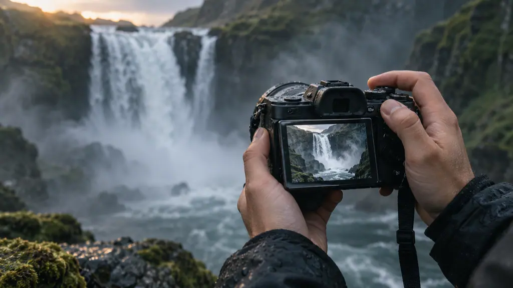 A creator filming a waterfall, the shot on the camera’s screen
